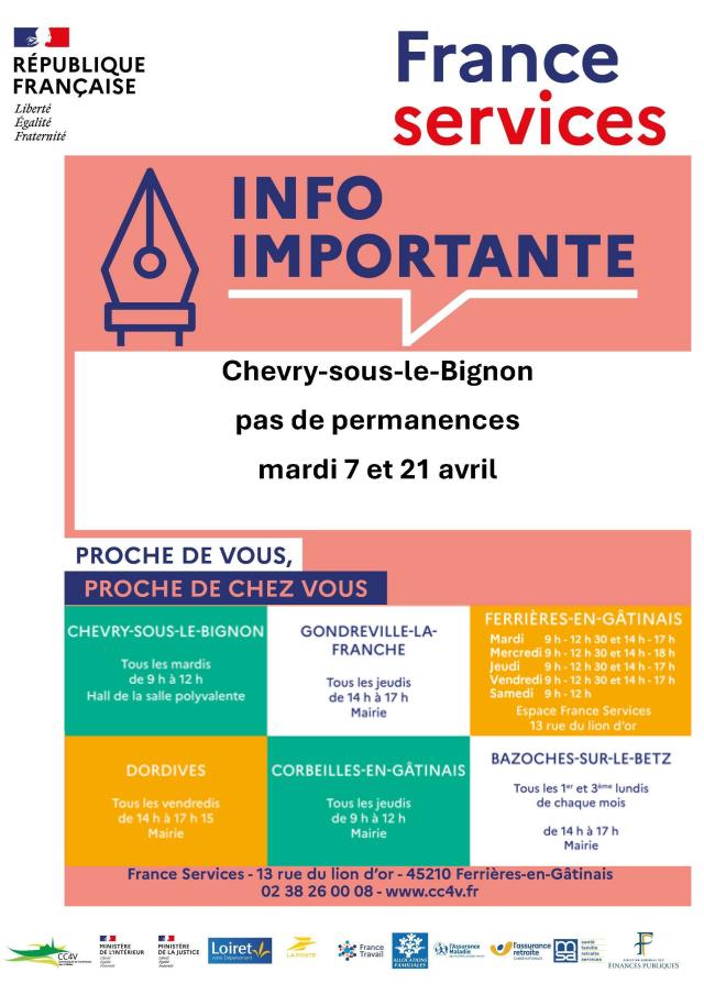 Les horaires des permanences de France Services pour Avril 2026