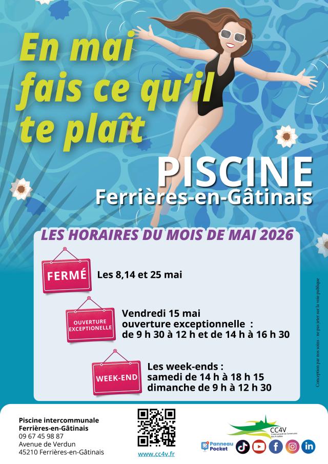 horaires des piscines du mois de mai 2026